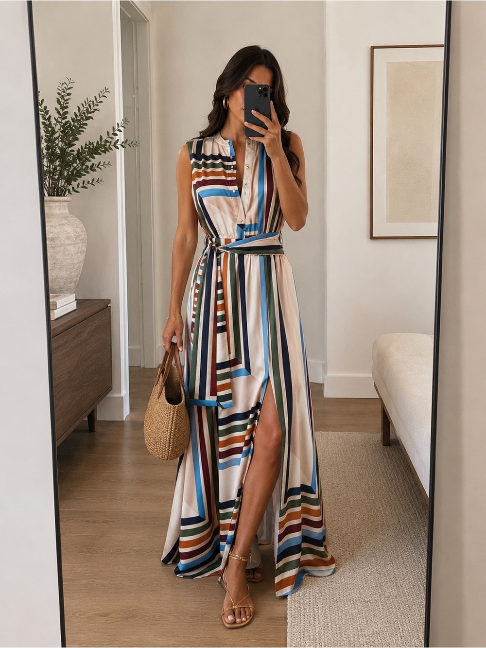 MISA Los Angeles Anabella Geo Stripe Tie Waist Sleeveless Maxi Dress XXS